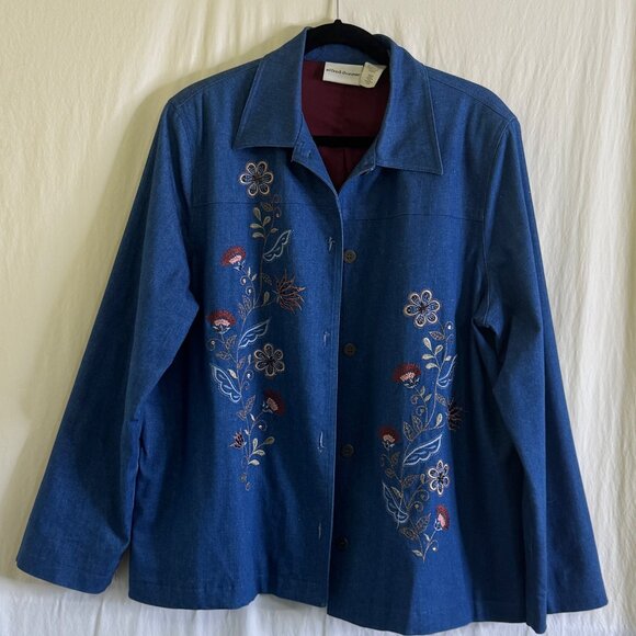 Alfred Dunner Women's Denim Jacket Size 16 Floral Embroidered  & Beaded Lined - Picture 1 of 7